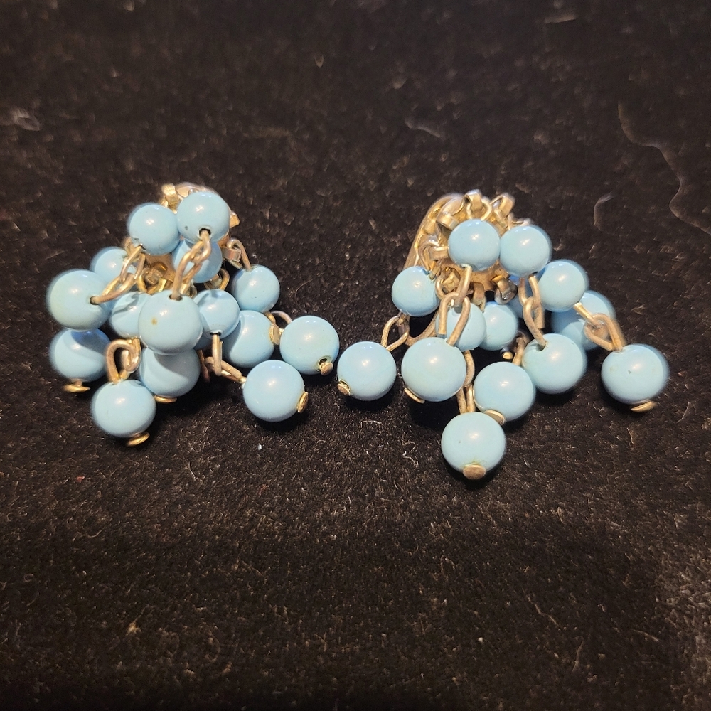 Vintage, Blue Beaded Clip-On Earrings By Coro